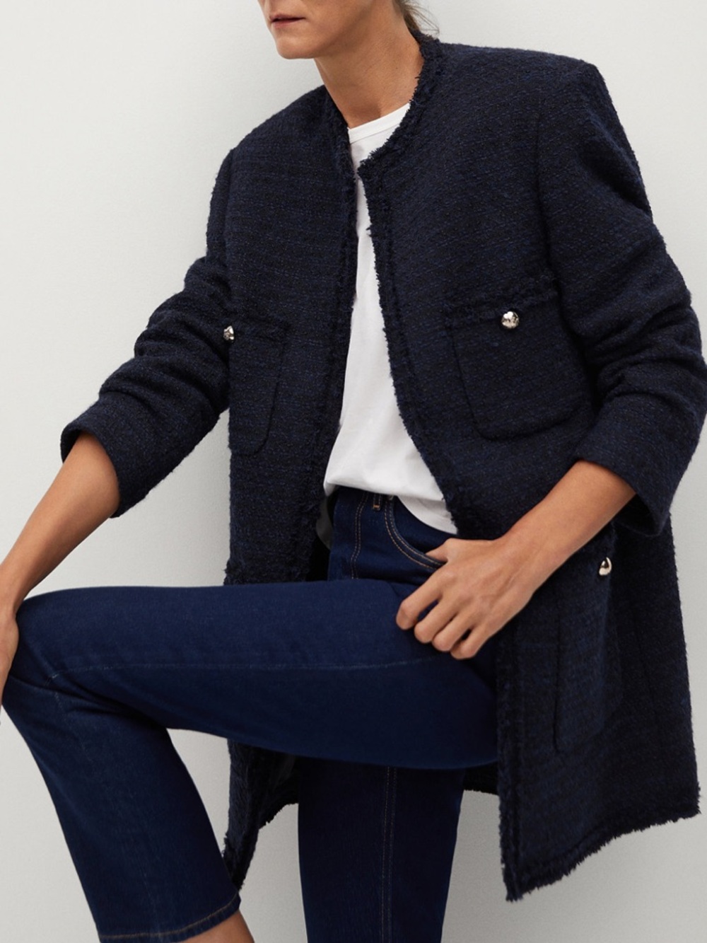 ♥️Mango Navy Tweed Long Jacket Coat Frayed Trim Parisian Style Size S